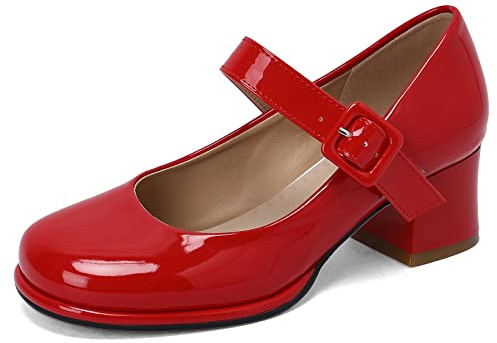 Lizoleor Zapatos Merceditas Tacon Ancho Medio Plataforma Punta Redonda Zapatos Correa Tobillo Señora Novia Fiesta Comodos Vestir Charol Rojo Talla 37 EU/38CN