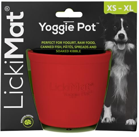 LICKIMAT Yoggie Pot - Distraction, Fun and Enrichment. Long Lasting Rubber Licking Treat Dispenser for All Dog Sizes and Slow Feeder for Small Dogs - Red