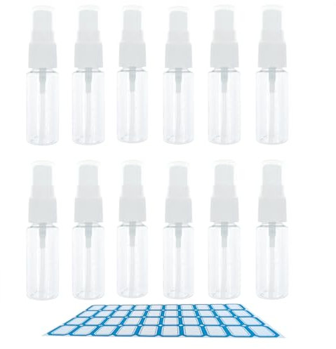 ZHIYE 12PCS Spray Bottle, 20ml Plastic Refillable Spray Bottle Clear Empty Fine Mist Atomiser Travel Bottle with Labels for Cleaning Make-up Cosmetic Hair