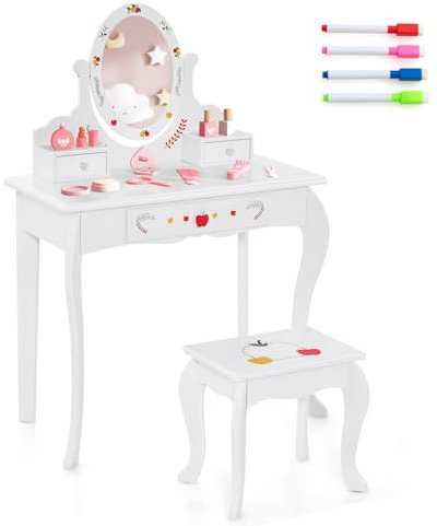 DREAMADE 2 in 1 Kinder Schminktisch mit Hocker & Abnehmbarer Spiegel, Prinzessin Frisiertisch Kosmetiktisch aus Holz, Kinderschminktisch mit 3 Schubladen für Kinder Mädchen ab 3 (Weiß Apfel-Muster)