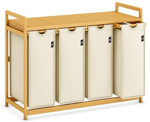 AdelDream Panier à linge avec cadre en bambou 200L 4 compartiments sac à linge extensible et amovible collecteur de linge étagère à linge en bambou boîte à linge Beige