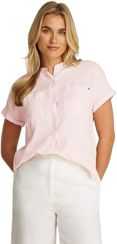 Tommy Hilfiger Donna Blusa Linen Collarless Maniche Corte, Multicolore (Foggy Pink STP), 42