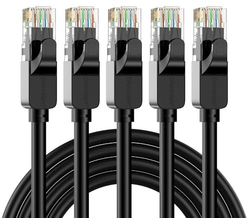 JARNHNG Cavo Ethernet Cat 6 1m 5pezzi, Cavo Internet ad Alta Velocità 10Gbps Interno/Esterno,Patch LAN RJ45 Nero,Ethernet Adatto Per Giochi, Computer, Televisori, Router, Stampanti