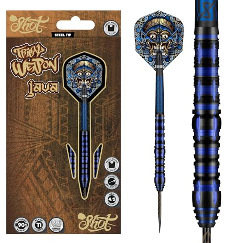 Shot! | Tribal Weapon Darts | Steel Tip Darts Set | 90% Tungsten | Java | Front Weighted | Professional Darts | Metal Tip Darts for Bristle Dartboard | Available in Multiple Weights (23, Grams)