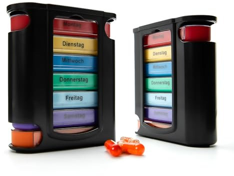 BigDean 2 Stück Tablettenbox 7 Tage Morgens, Mittags, Abends & Nachts in Schwarz – Medikamentenbox BPA-frei & Lebensmittelecht – luftdichte Pillendose auch für unterwegs geeignet