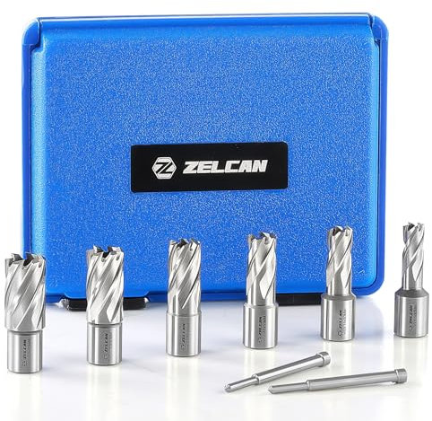 ZELCAN Annular Cutter Set, 6pc Mag Drill Bit Kit with 30 mm Cutting Depth, 12 to 22 mm Cutting Diameter, HSS Spiral Flute Annular Cutters with 2 Pilot Pins & Carrying Case for Steel Aluminum Copper