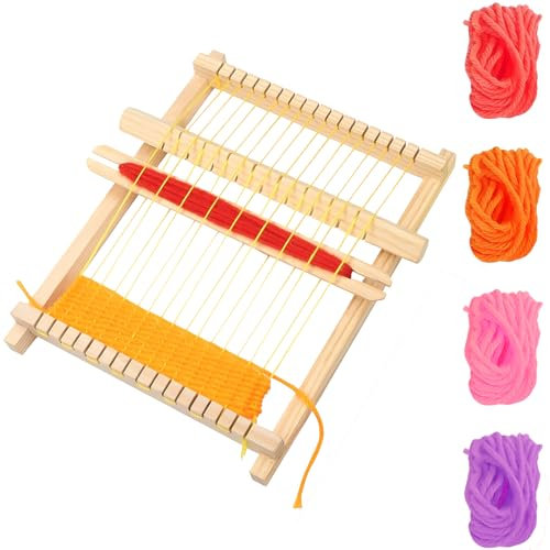 AHEJIOO Webrahmen Für Kinder, Hochwertiger Weben Groß 16.5 X 21cm Wolle Einstellstab Kamm Und Aktualisierte Fassung Holz Set Inkl. Vier Bunt Wolle, Eine Nylonschnur