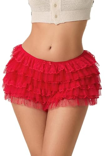 WAVDSYB Pantalones cortos de malla con volantes para mujer, pantalones cortos de encaje estilo burlesque, retro, para baile, pantalones cortos, 1 encaje rojo, S