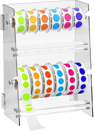 Label Holder, Double-Layer Adjustable Label Dispenser for Rolls of Stickers Labels, Desktop Sticker Roll Holder for Office School, Sticker Roll Holder with 10 Removable Divider Disks