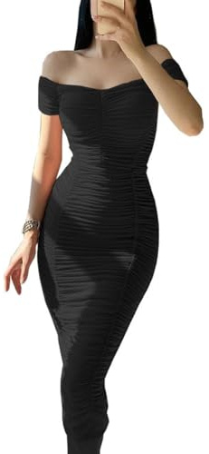 MeeQee Robe Femme Sexy Froncée Midi Bodycon Robes à Manches Courtes Épaules Dénudées Elégant Robes Longue Moulante D'éte Chic Slim Fit Robe Crayon de Soirée Streetwear pour Cocktail Fête Clubbing