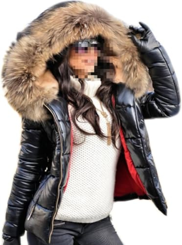 Abrigo Grueso de Invierno para Mujer Chaqueta de plumón Corta Ligera Parka Acolchada con Capucha de Piel (Marrón Negro,XL)