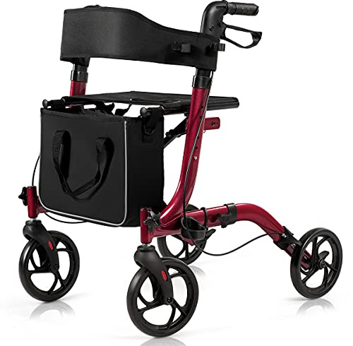 GOPLUS Rullator i aluminium, lättviktsgånghjälp med sittplats, vikbar & höjdjusterbar, gånghjälp med dubbla bromsar, bred ryggrem & förvaringsväska, reserullator för äldre (Röd)
