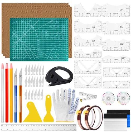 Lot de 53 outils pour t-shirt - Règle d'alignement - Tapis de découpe - Raclette - Couteau de coupe - Pour t-shirt - Règle - Traceur - Accessoires pour vêtements DIY