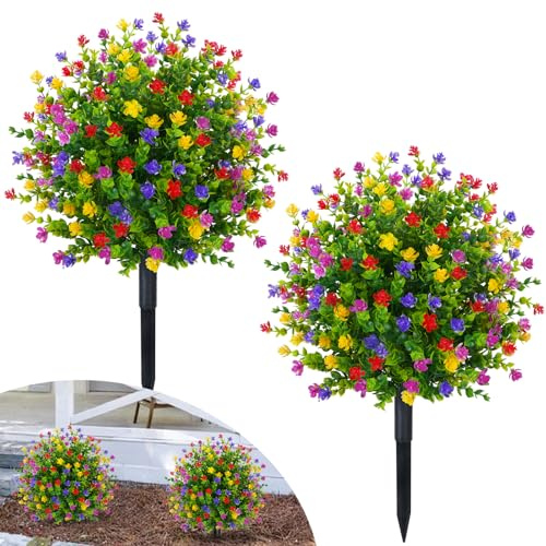 Fairblo 2 Pezzi Bosso Artificiale con Picchetto 55 cm Bossi Finto Esterno Piante Finte Arte Topiaria Arbusti e Cespugli Finti Resistenti ai Raggi UV per Giardino Terrazza Deco Esterni Multicolore