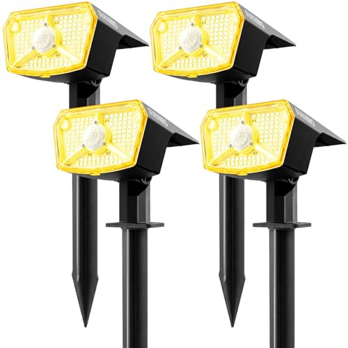 SUNNMO Faretti Solari a LED da Esterno con Sensore di Movimento, Lampade Luci Solari da Giardino Potenti 104LED 3Modalità, Faretto LED da Esterno Solare Giardino IP65 Impermeabile Luce Calda, 4 Pezzi