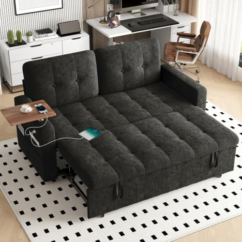 2 Seater Sofa Bed with USB & Type-C Charging Ports, 3 in 1 Convertible Corner Sleeper Chair Bed with 360° Swivel Table, 6-Position Adjustable Backrest, Pull Out Double Sofa Bed for Living Room (Black)