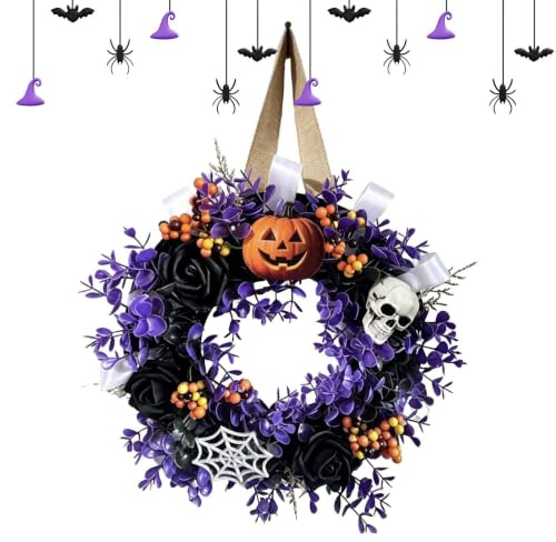 Halloweenkransar för ytterdörr 35 cm dödskalle- och pumpagirlang ornament | Spökhus Krans Dekoration Passar För Inomhus Och Utomhus Vardagsrummet Fönster Vägg Och Entréhallen