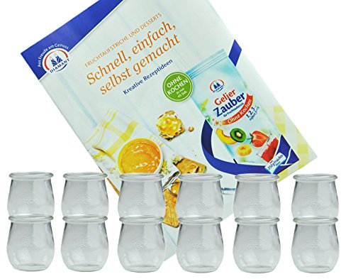 MamboCat 12er Set Weckgläser 220 ml Tulpenform I Original Weck Tulpenglas Dessertglas I Einweckgläser für Obst Gemüse UVM I Weck Gläser ohne Deckel inkl. Diamant-Zucker Gelierzauber Rezeptheft