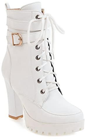 MIOKE Women's Round Toe Platform Dressy Ankle Boots Lace Up Zipper Chunky Block High Heel Dress Short Bootie White Size 7