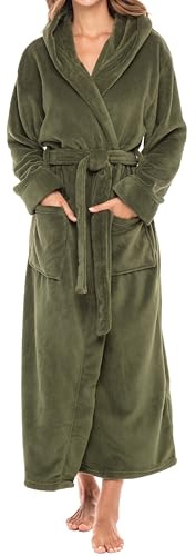Alexander Del Rossa Womens Robe, Long Plush Bathrobe with Hood, Hooded Robes for Women Plus Size Bath Robe, Army Green, Medium