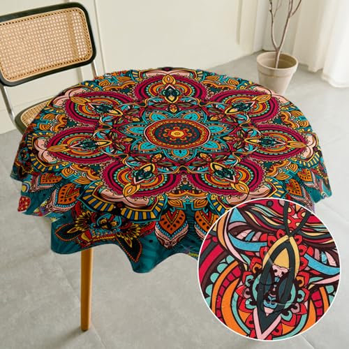 Highdi Mantel Antimanchas Redondo 110cm, Manteles de Mesa Impermeables con Efecto de Poliéster, Jardín Mandala Tablecloth para Decoración Hogar Cocina Comedor(para Mesa 50-70cm)