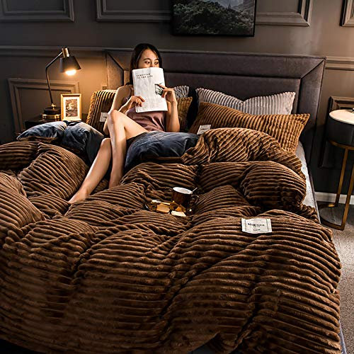 Grueso Suave Reversible Funda Nórdica Con Cremallera,Caliente Esponjoso Juego De Funda Nórdica Invierno Juego De Ropa De Cama Gemelo Com,Color Sólido Felpa Franela Funda De Edredón-Marrón 150x200cm(59