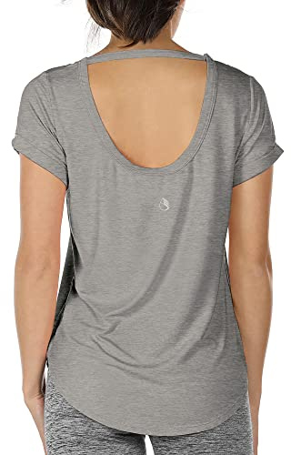 icyzone Maglia Sportiva Donna Senza Schienale,T Shirt Donna Sportiva Maniche Corte Sciolta Traspirante Maglietta per Palestra Corsa Yoga (L,Grigio)