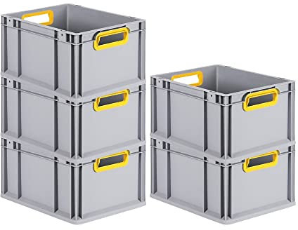 PROREGAL SuperSparSet 5x Eurobox NextGen Color | HxBxT 22x30x40cm | 20 Liter | Griffe gelb offen | Glatter Boden | Eurobehälter, Transportbox, Transportbehälter, Stapelbehälter