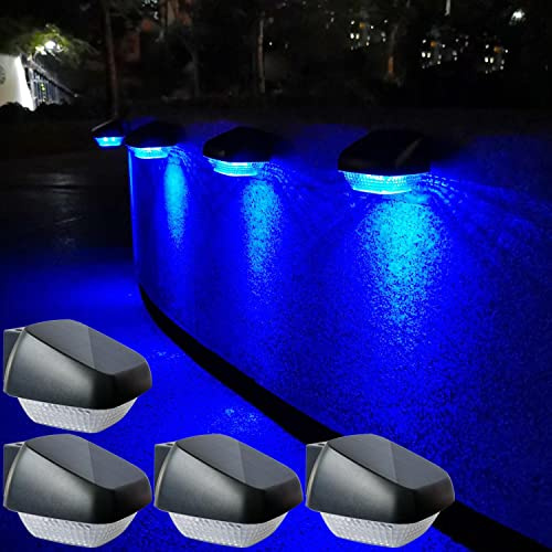 Soslina Solar Fence Lights, Blue Solar Lights Outdoor, LED Garden & Wall Lights, Solar Powered Waterproof Path Lighting for Patio, Gate, Yard, Decking (4 Pack)