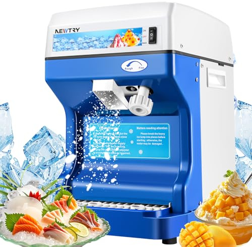 NEWTRY Commercial Ice Shaver Machine Electric Ice Cube Crusher Snow Cone Maker with Aluminum Alloy Blade Thickness Adjustable 260lb/h for Small Ice Cubes Summer Parties Bar Use 110V US