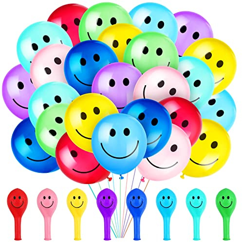 Sratte 50 Pcs Happy Smile Balloons for Birthday Party 12'' Latex Smile Face Colorful Naughty Balloons Party for Baby Shower Wedding Decoration Festive Supplies (Assorted Color)