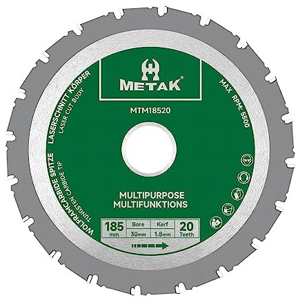 METAK HM - Hoja de sierra circular multifunción (185 x 30 mm, para madera, metal, aluminio, 185 mm, 20 dientes para acero, anillo reductor de 30 mm, incluye
