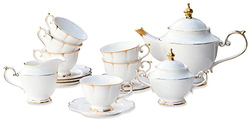 ACMLIFE Tea Sets for Adults Fine Bone China Tea Set for 6, Porcelain Teapot Sets for Adults 24K Gold, Afternoon Modern Cups and Saucers for Women Tea Party or Gifts Giving (White)