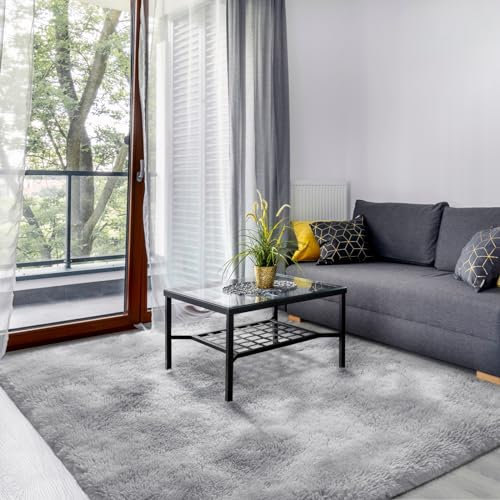 SOANNY Hochflor Wohnzimmer Teppich, Waschbar Anti-Rutsch, Flauschige Moderne Langflor Shaggy Teppich für Schlafzimmer & Kinderzimmer, Bettvorleger Matte, 120x180 cm, Hellgrau