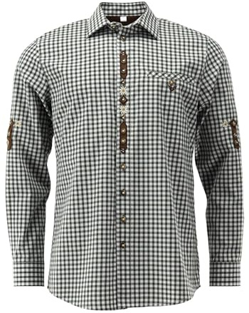 OS Trachten Herren Hemd Langarm Trachtenhemd mit Haifischkragen Lytal, Größe:43/44, Farbe:Oliv