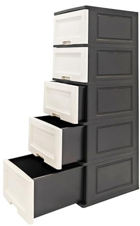 ABBAware Kommode 44x50x127 cm mit 5 großen XXL Schubladen, 40 Liter pro Schublade, in edlen Schwarz/Weiß Farben und feiner Kiefernholz-Optik der Umwelt zuliebe aus recyclebarem PP Kunststoff