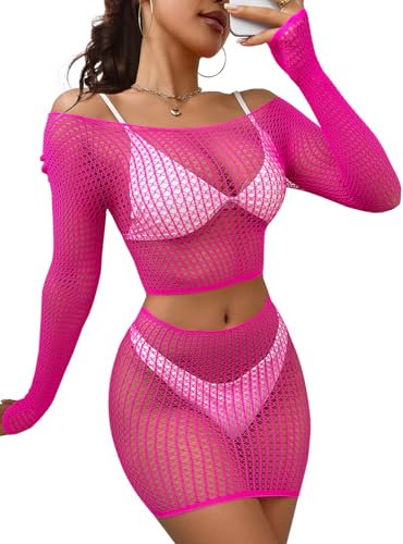 Buitifo Lingerie pour Femme Maille Mini Robe Sexy Nuisette Babydoll de pêche Corset sous-Vêtement(Rose Rouge,Taille Unique)