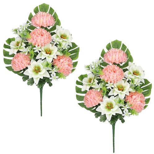 Oairse set om 2 konstgjorda gravblommor gravdekorationer med konstgjorda krysantemum och liljor, uppläggningar, konstgjord blomma, gravdekoration för gravdekoration, kyrkogård, kyrkogård, dekoration,