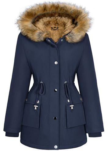 Xnova Abrigos Parka Mujer Invierno de Forro Polar Chaquetas Impermeable Largo Chaquetones Termica de Cremallera con Capucha de Pelo Sintetico Cazadora Cálido Gruesa, Azul Marino, XL