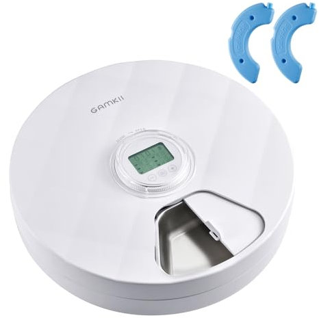 GAMKII Automatic Cat Wet Food Feeder 6 Meals, Battery Power Auto Pet Wet Food Dispenser with Timer, Memory Function for Cats Small Dogs-First Meal with Cover (Stainless Steel Food Tray)