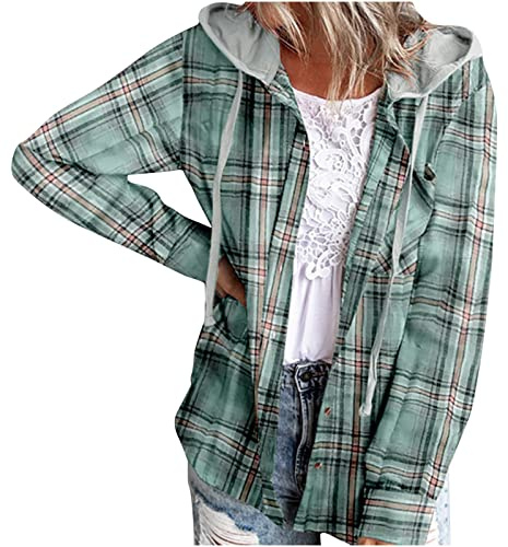 AnnSemo Women Plaid Shirts Button Down Casual Tartan Hoodie Jacket Fall Lightweight Loose Check Blouse Tops Checked Shacket Long Sleeve Flannel Shirt Winter Hoodie Overwear Office Work