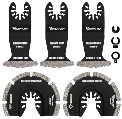 Vearter 5 Stück Diamant Multifunktionswerkzeug mit Adapter, Multitool Sägeblätter Oszillationswerkzeug für Keramikfliesen, Hohlziegel, Zement, weiche Fliesen, Mauerwerk