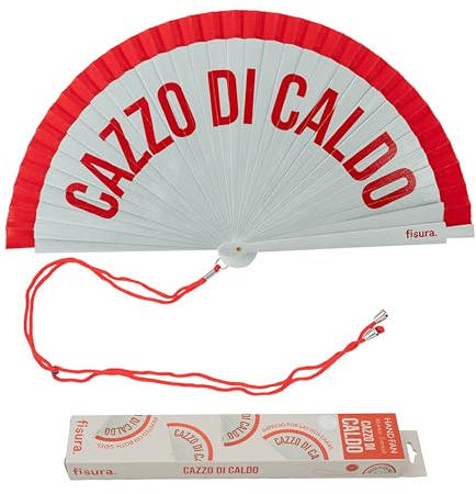 Fisura – Abanico original con mensaje “Cazzo di caldo”. Abanico de madera reversible moderno y colorido. Ventilador de mano rojo y blanco. Colgador incluido. Medidas: 42,5 x 23 cm