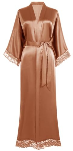BABEYOND Vestaglia da donna lunga corta tinta unita accappatoio maniche in pizzo seta raso kimono abito estivo da donna vestaglia colore puro, caramello, Taglia unica