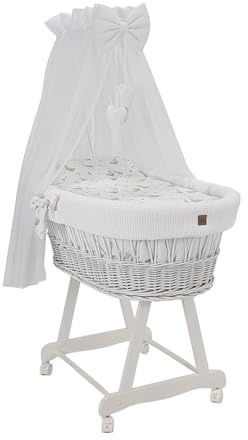 Wiklinopol Couffin Bébé avec Ciel de Lit – Berceau à roulettes en Osier avec Support – Ensemble Complet en Blanc avec 5 Pièces de Linge Nid d’Abeille Motif Petits Oies Blanches