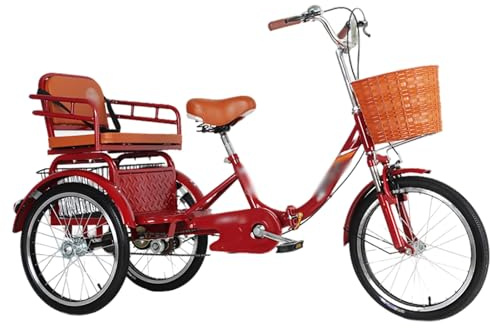SRNSAEB Comfortable Adult Tricycles for Men Single Speed With Complete Accessories, Couple/Parent Child Tandem Bike to Exercise/Shopping/Riders/Picnic, Adjustable Height 3 Wheel Bicycle(Red)