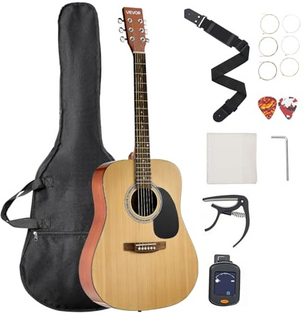 VEVOR Dreadnought Akustik Gitarre, 1041,4 mm, Akustische Gitarre Set Anfängerpaket mit Gigbag, Stimmgerät, Gurt, Saiten, Plektren, Kapodaster, Palisandergriffbrett, für Erwachsene, Natur
