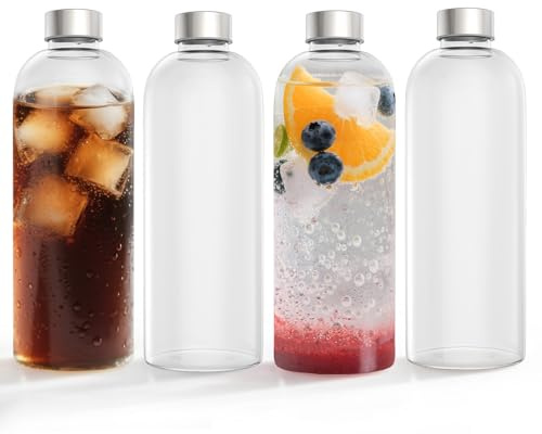 YRHome Lot de 4 bouteilles d'eau en verre de 1 l avec couvercle en acier inoxydable - Bouteille en verre avec bouchon à vis pour boissons chaudes et froides - Passe au lave-vaisselle