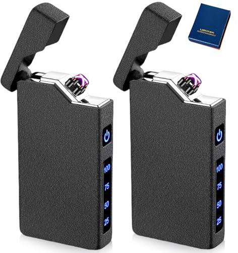 Mechero electrónico USB, 2 unidades, con arco eléctrico, con indicador de batería, resistente al viento, con caja de regalo, color negro mate