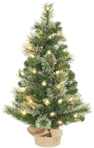 HOMCOM Albero di Natale Piccolo Alto 60 cm con 35 Luci LED Incorporate Bianche, Mini Alberello Natalizio con 68 Rami Folti e Ignifughi con Base in Tessuto, Verde